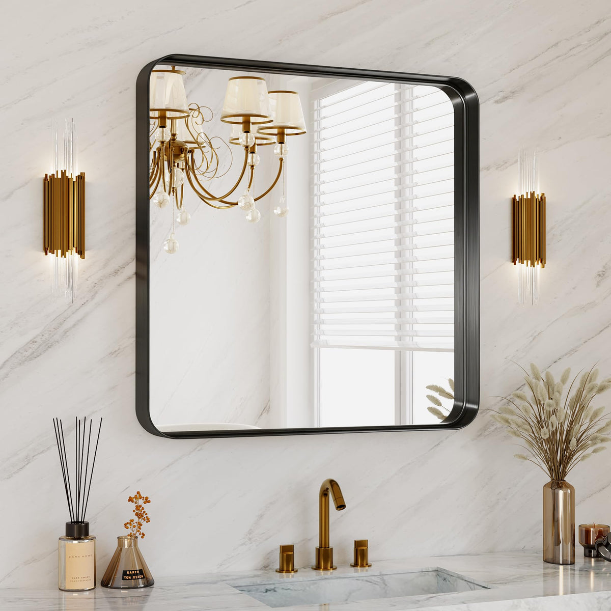 30x36 Inch Black Metal Framed Bathroom Mirror for Wall, HD Tempered Glass