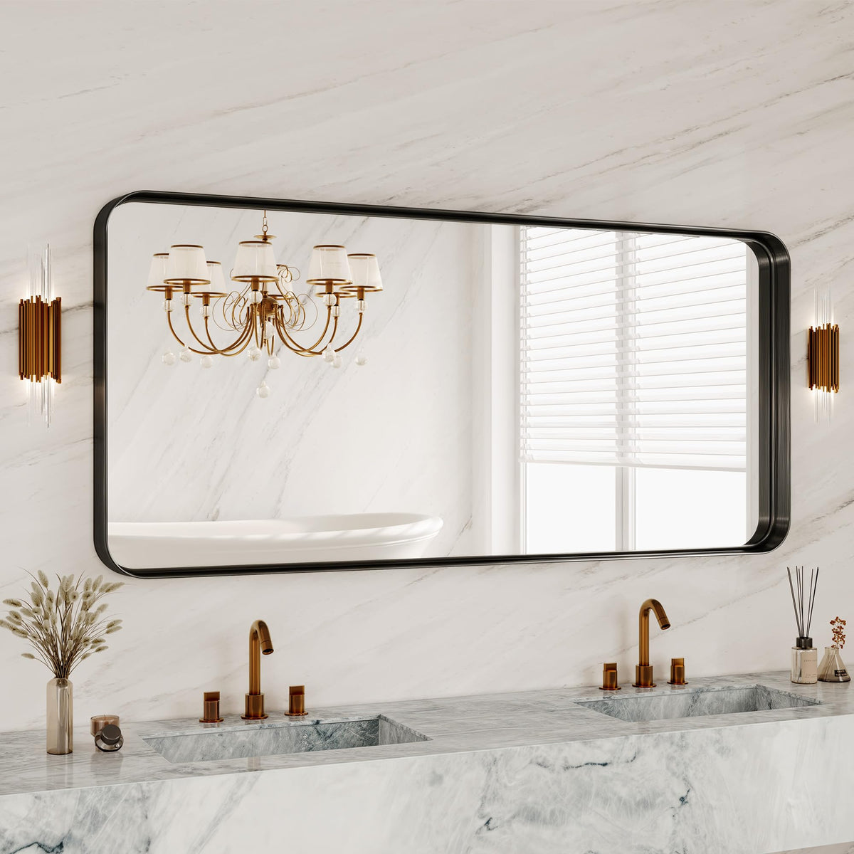 30x36 Inch Black Metal Framed Bathroom Mirror for Wall, HD Tempered Glass
