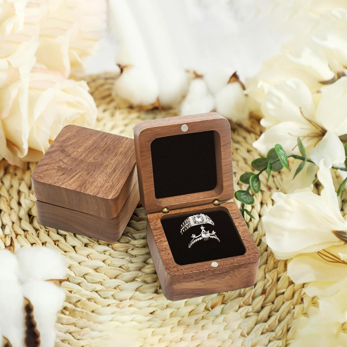 Jomelly Wooden Ring Box for Wedding Ceremony 2 Slots,Black