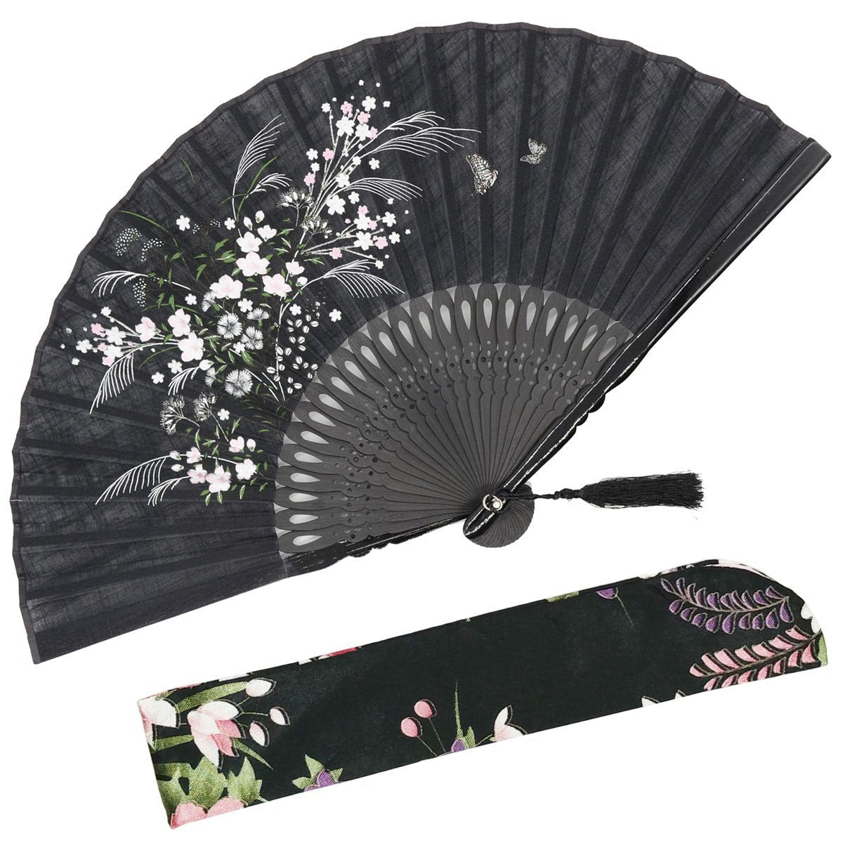 OMyTea Hand Fan Foldable for Women, Japanese Chinese Fan, Solid Black