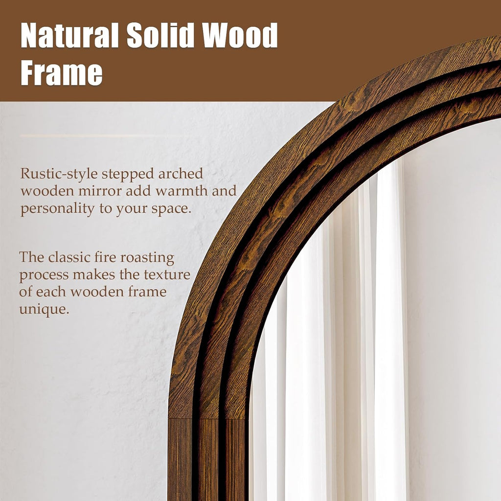 24"x65" Full Length Mirror Solid Wood Frame, Arched Floor Mirror Full Length with Stand, Room Decor Big Full Body Mirror with HD Tempered Glass for Bedroom, Living Room, Walnut Wood
