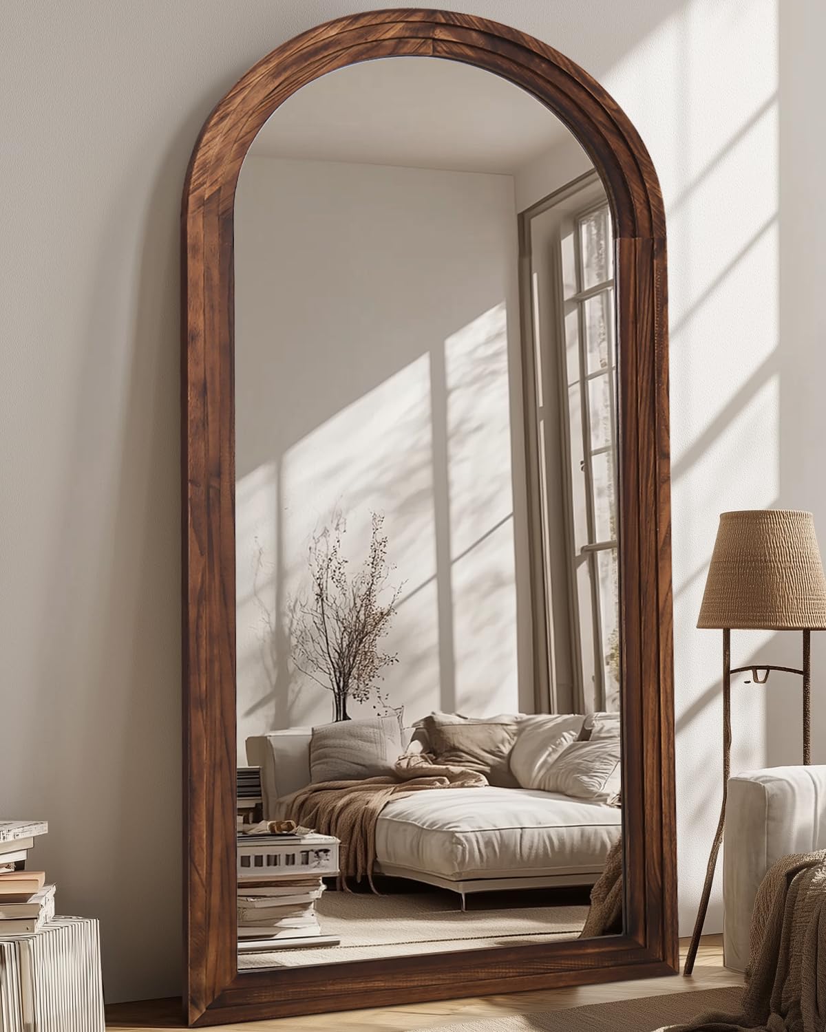 Full Length Mirror 71"x32", Arched Solid Wood Frame with Stand