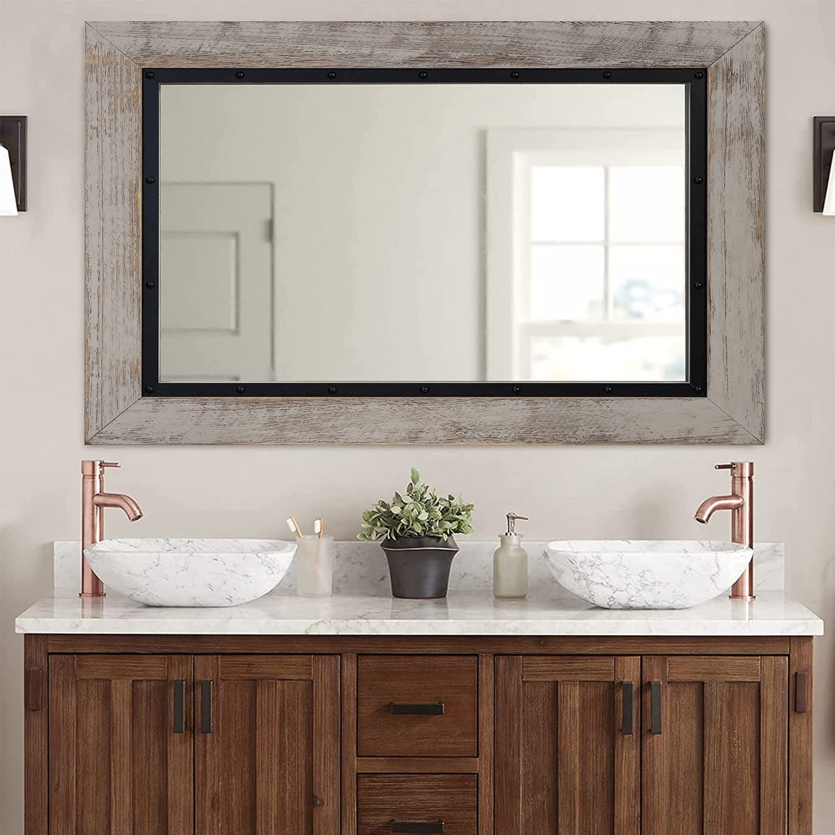 YOSHOOT Rustic Wooden Framed Wall Mirror, Natural Wood and Iron Bathroom Vanity Mirror for Farmhouse Decor, Vertical or Horizontal Hanging