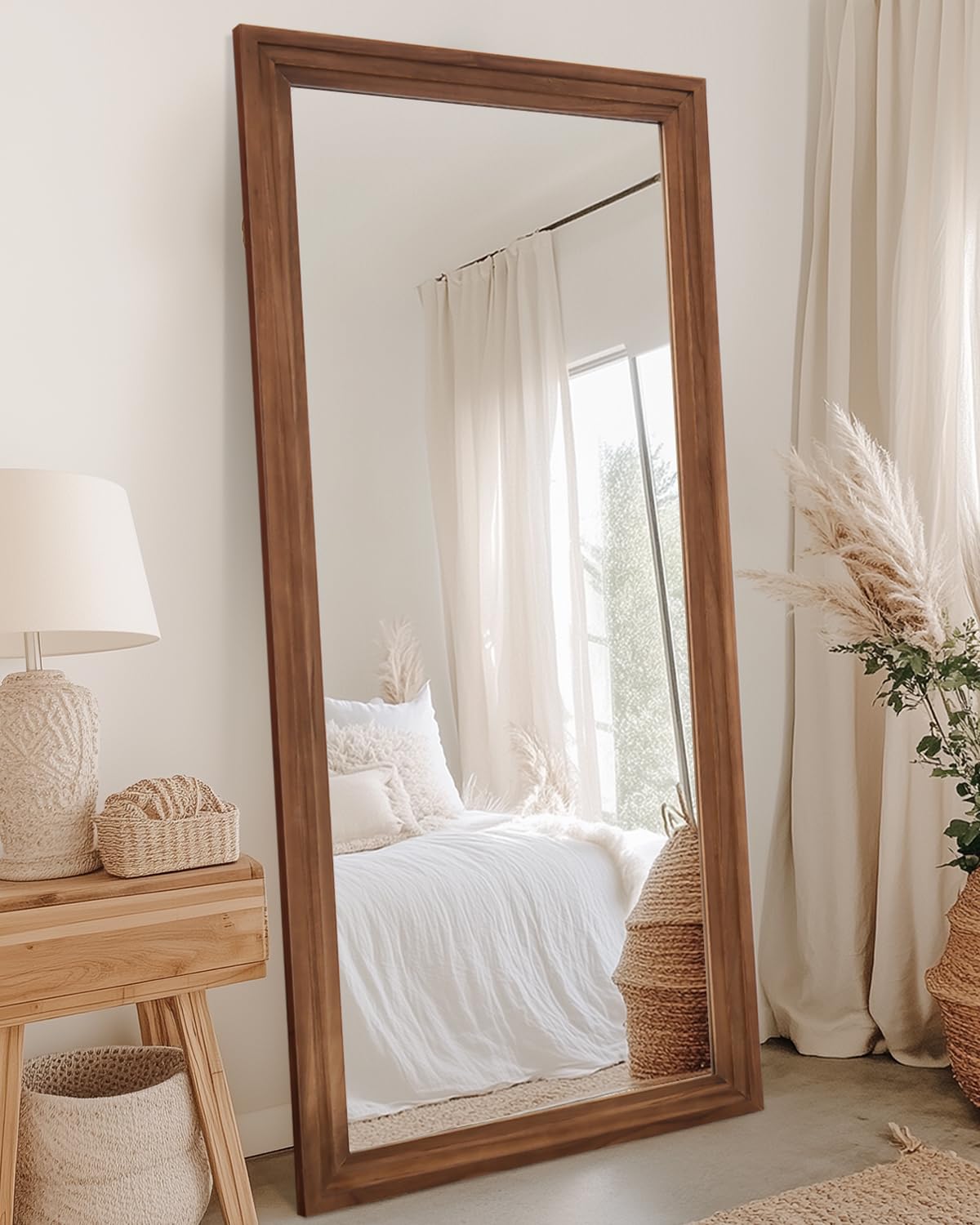 Full Length Mirror 71"x32", Arched Solid Wood Frame with Stand