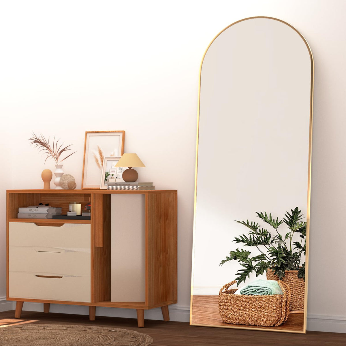 Full Length Mirror 56"x20" Arch Floor Mirror with Stand Arched Full Body Mirror Standing Hanging or Leaning Against Wall for Bedroom Flannel Wrapped Wooden Frame Purple