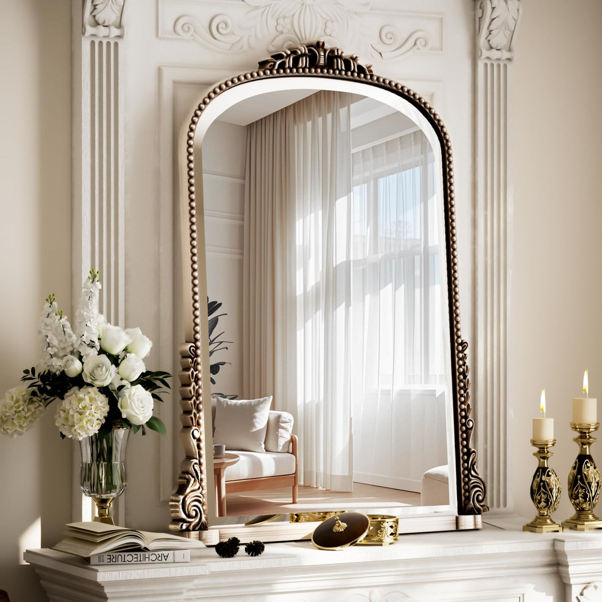 24"×32" Bronze Arched Wall Mirror with Vintage Carving