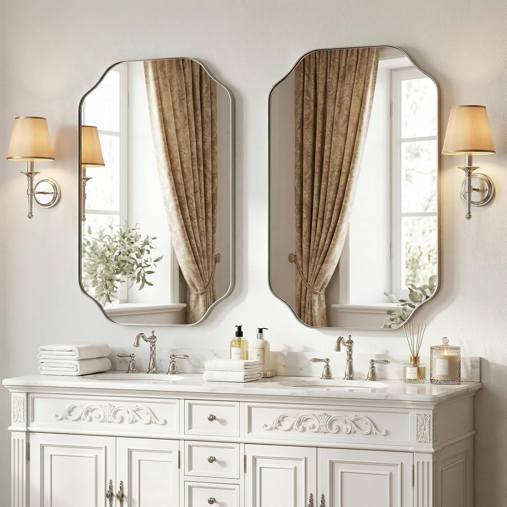 24x32 Inch Bathroom Mirror, Brushed Nickel Scalloped Wall Vanity Mirror Anti-Rust Stainless Steel 0.8" Frame Wall Mounts Horizontally or Vertically