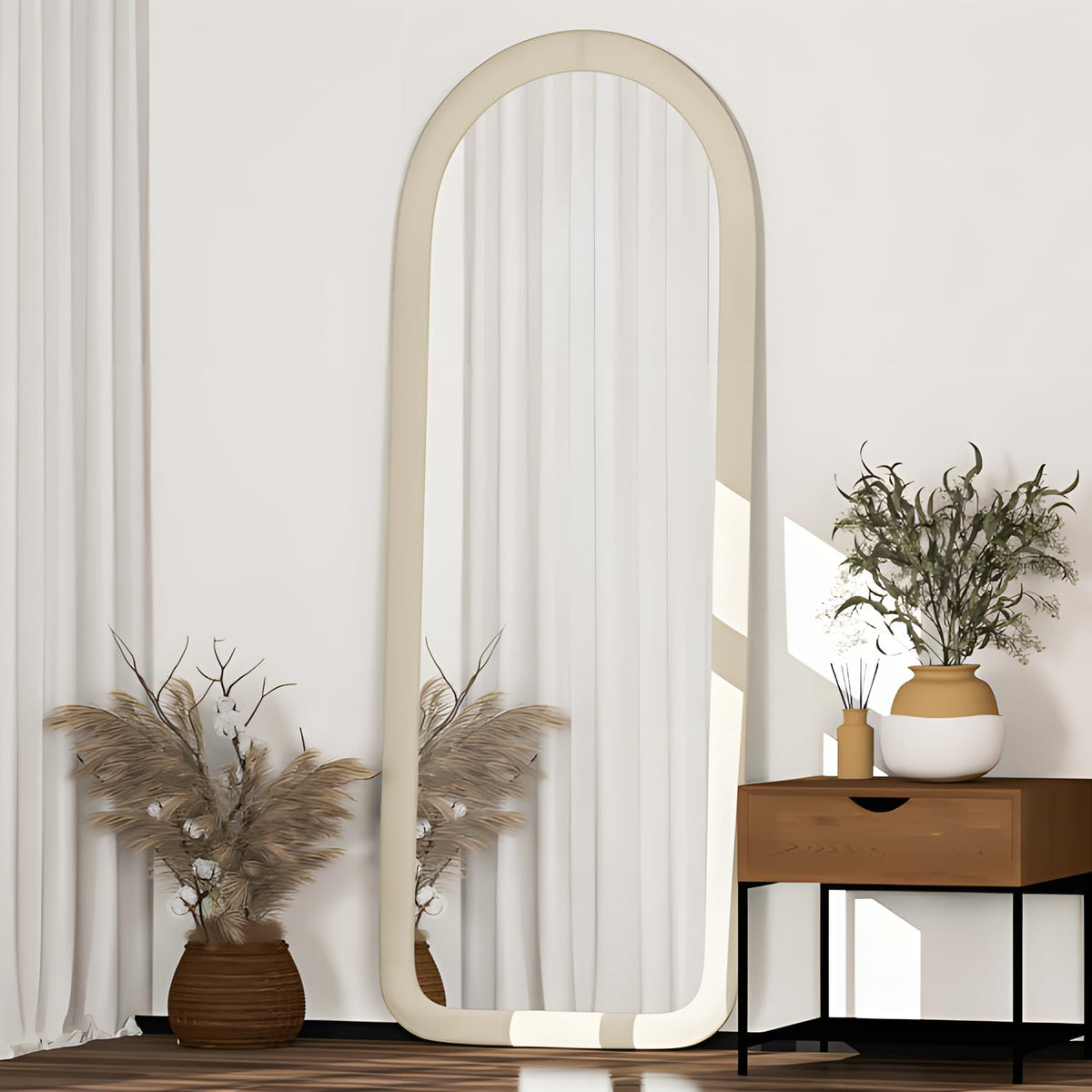 Full Length Mirror 56"x20" Arch Floor Mirror with Stand Arched Full Body Mirror Standing Hanging or Leaning Against Wall for Bedroom Flannel Wrapped Wooden Frame Purple
