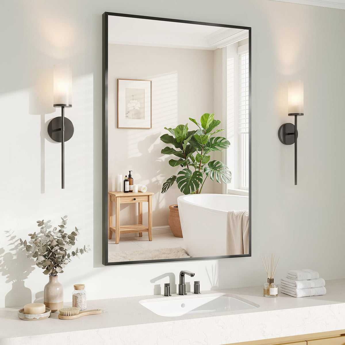 Koonmi Black Mirrors for Wall, 30x40 Inch Bathroom Mirror, Rectangular Wall Mirror for Living Room Bedroom Bathroom, Hangs Horizontally or Vertically
