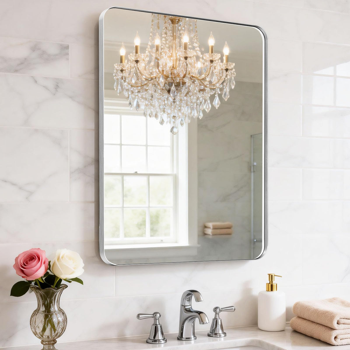 Black Bathroom Mirror 24 x 28 in Vanity Mirror,Metal Frame Wall Mirror,Farmhouse Rectangle Mirror, Bathroom Mirrors for Over Sink,Horizontal or Vertical Hanging