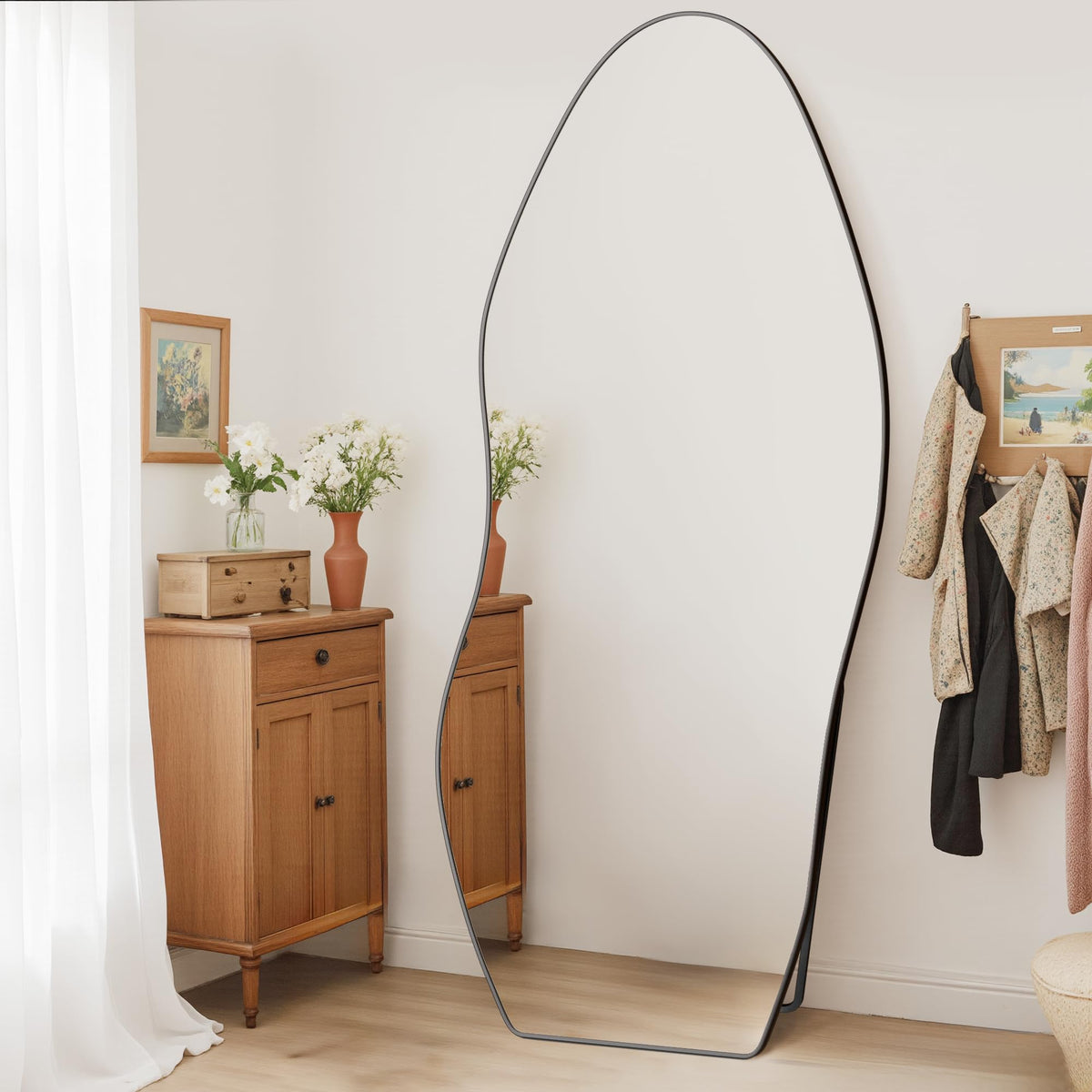 Antok Irregular Full Length Mirror, 76"x36" Asymmetrical Floor Mirror with Stand, Standing Hanging Leaning Irregular Mirrors for Bedroom Living Room Entryway, Wavy Shaped, Black