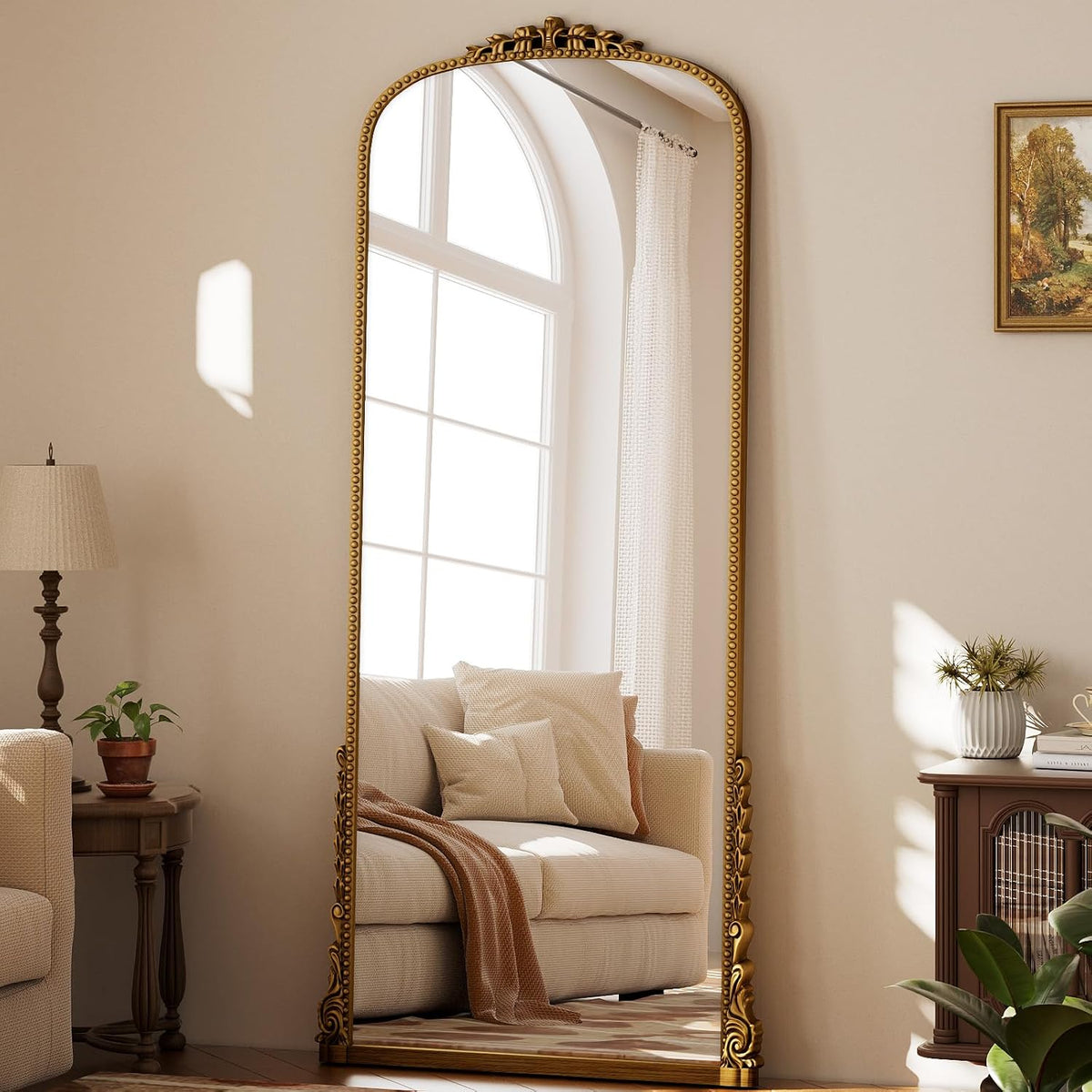 Easly Arched Full Length Mirror, 32'' x 71'' Gold Floor Body Mirror with Stand, Vintaged Elegant Carved Frame Mirror Full Length for Wall Decor, Living Room, Bedroom, Cloakroom, Entryway