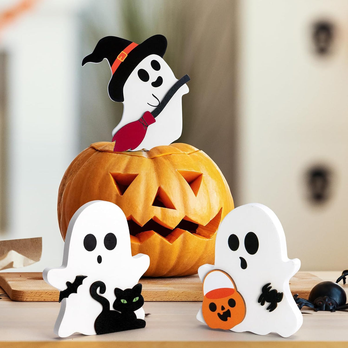 3 Pcs Halloween Ghost Decor - Cute Ghost Decorations Indoor, Wooden Tiered Tray Decor Table Sign Set, Halloween Table Decor Witch Broom Pumpkin Bat Blocks for Party Home Shelf Display