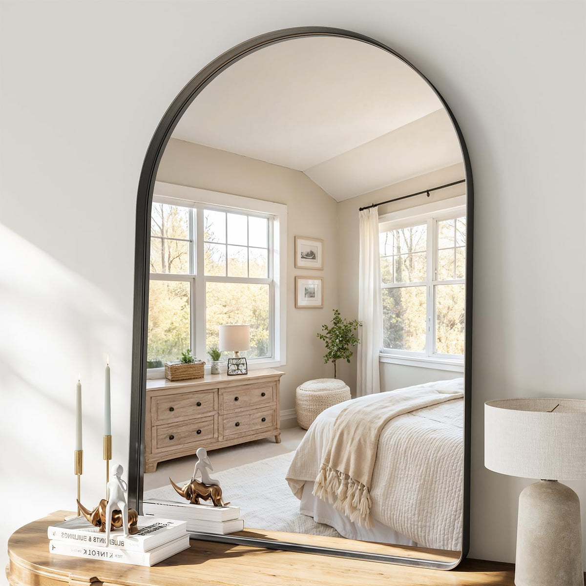 36"x24" Black Arched Mirror, Arched Wall Mirror with Metal Frame, Wall Mounted Large Arched Mirror for Living Room, Restroom, Entryway, Tempered Glass, Modern Home Decor