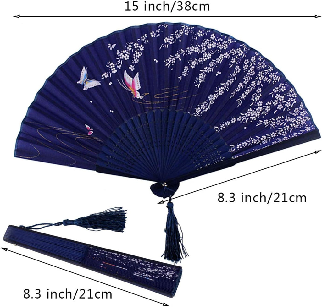 Bantoye 2Pcs Handheld Fans Silk Folding Fans with Bamboo Frames, White Blue