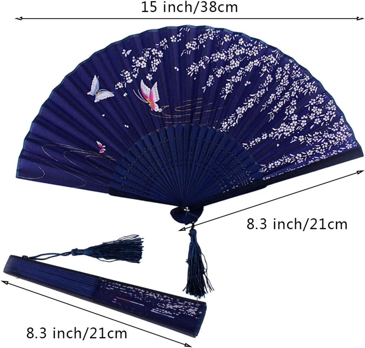 Bantoye 2Pcs Handheld Fans Silk Folding Fans with Bamboo Frames, White Blue