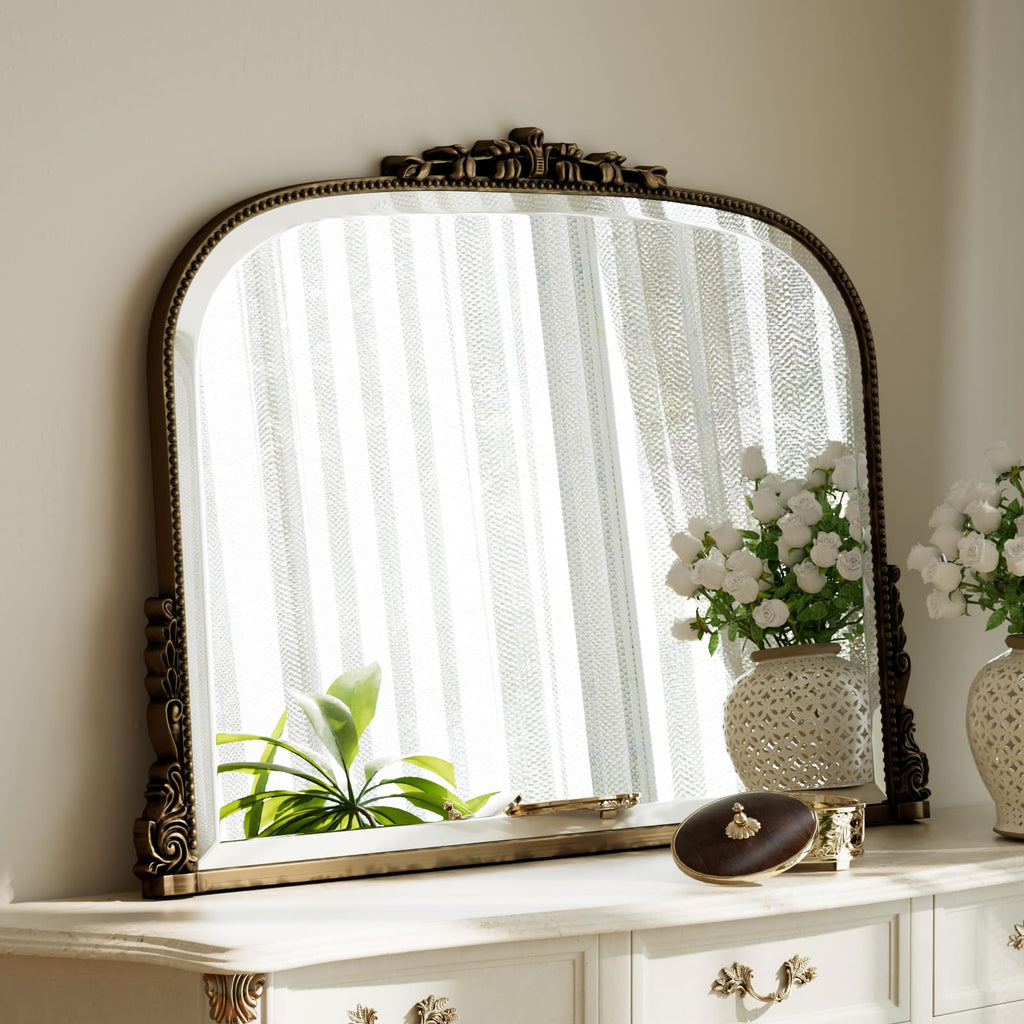 24"×32" Bronze Arched Wall Mirror with Vintage Carving