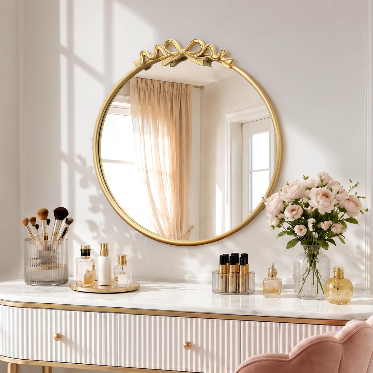 Besdomus Arched Mirror Full Length: 21"x56" Vintage Gold Bow Floor Mirrors