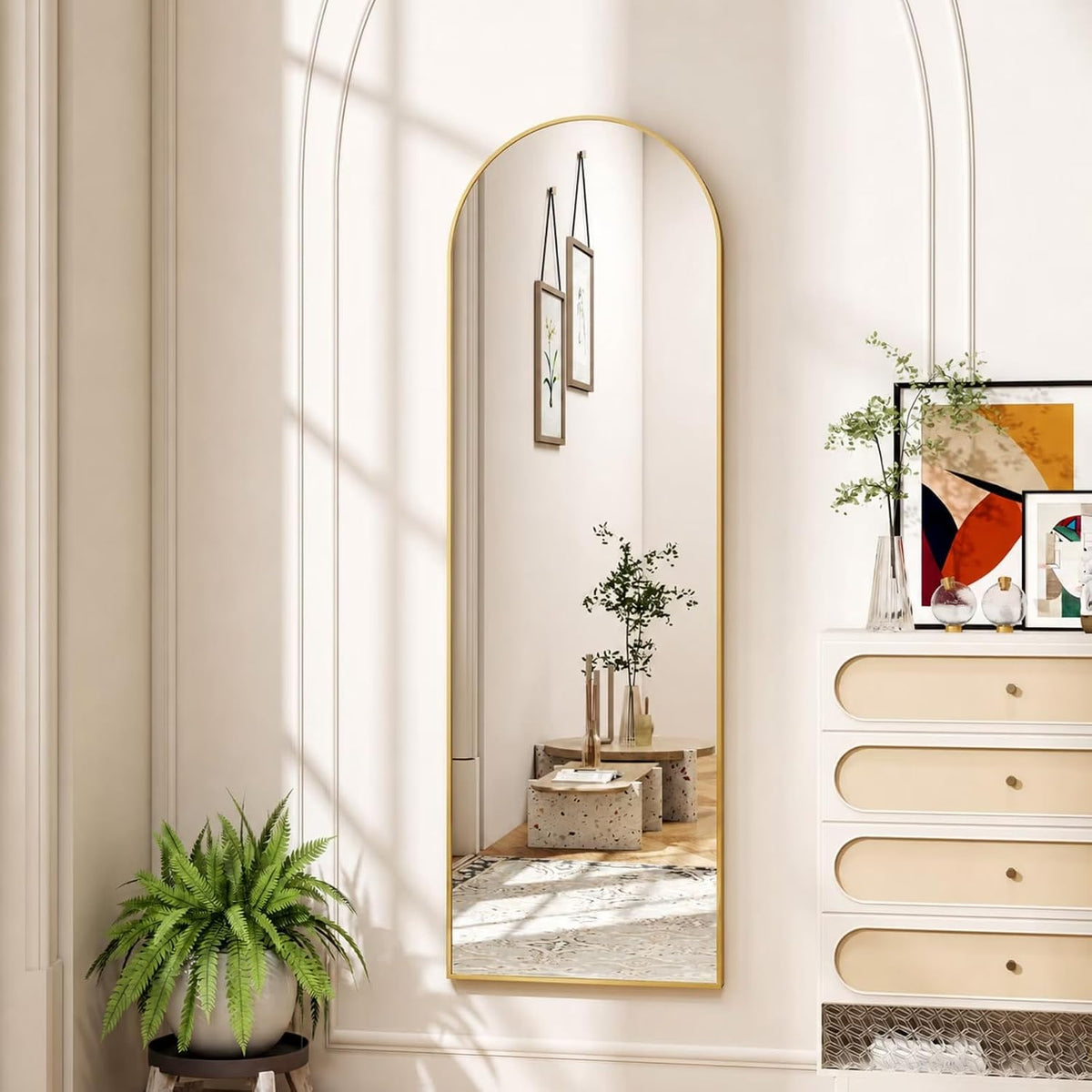 Arched Full Length Floor Mirror with Gold Aluminum Frame, 56"x15"