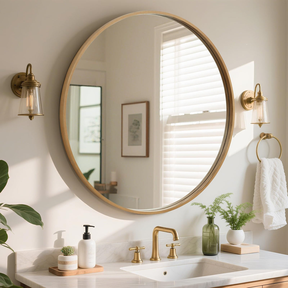 WallBeyond Wood Round Mirror with Wood Frame 24 inch Circle Wall Mirror for Bathroom Round Wall Mirror for Wall Decor, Vanity, Entryway Living Room (Walnut)