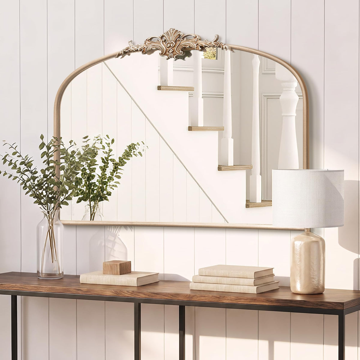 Besdomus Vintage Arched Gold Mirror: 40"x29" Large Brass Antique Decorative