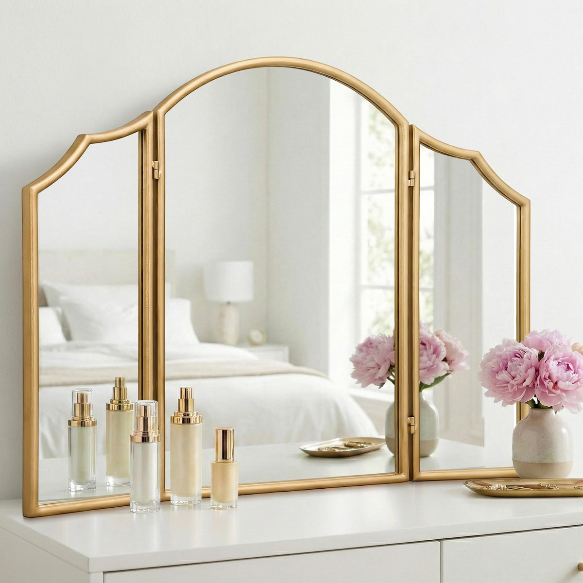 Besdomus Gold Scalloped Wall Mirror: 40"x29" Large Wooden Bathroom Mirror