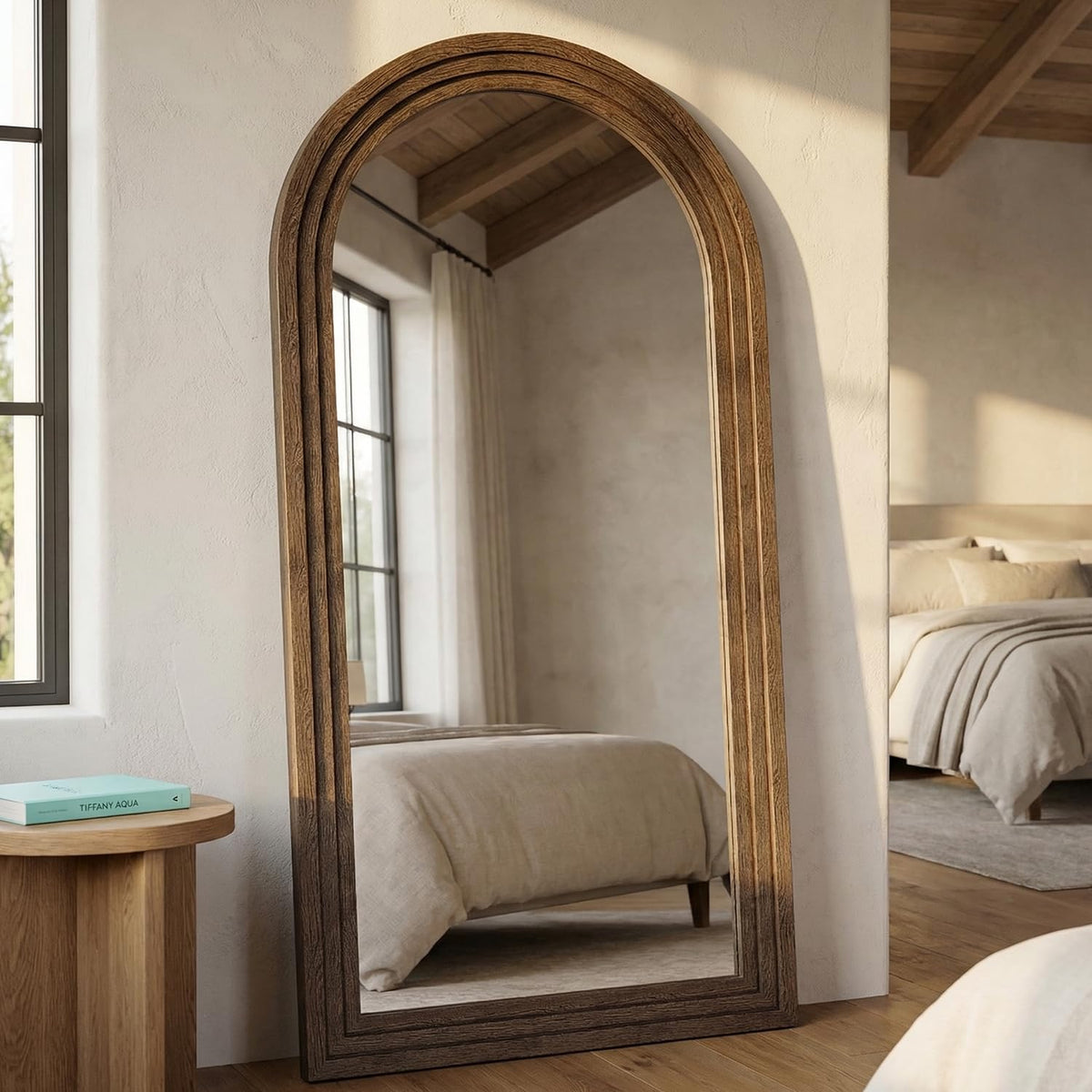 Arched Full Length Mirror with Solid Wood Frame 65x24 Inch Wall Mounted Floor Mirror, Vertical Hanging Leaning Standing Mirror for Living Room, Bedroom, Entryway, Rustic White