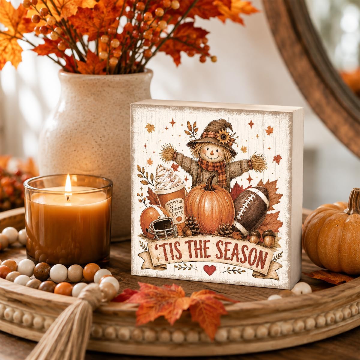 Fall Decorations for Home Football Pumpkin Wood Sign Fall Wall Shelf Decor