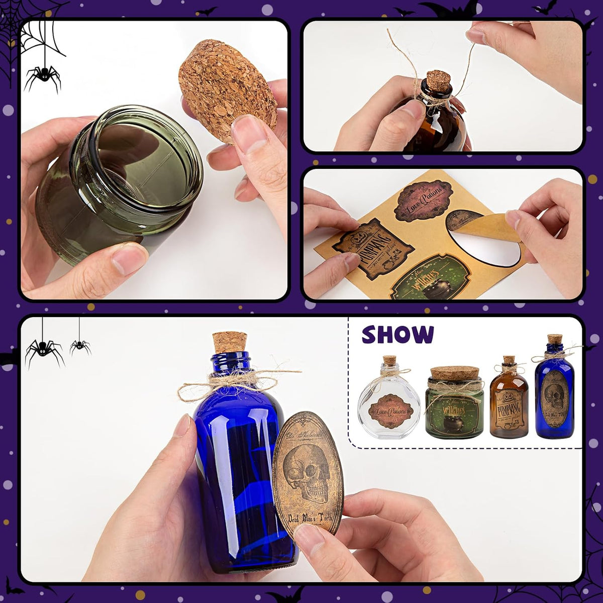 Halloween Decoration Potion Bottles – 4 Glass Jars 10 Labels Witch