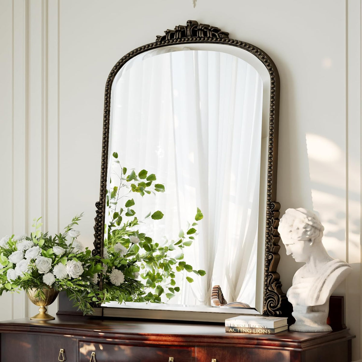 24"×32" Bronze Arched Wall Mirror with Vintage Carving