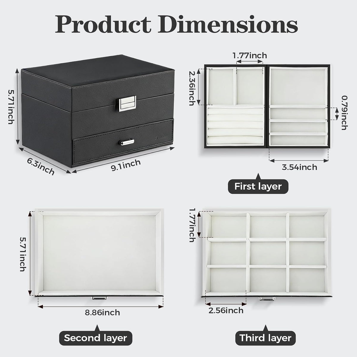Dajasan Jewelry Organizer Box, Large Jewelry Boxes for Women Girls, Space-Saving 3 Layers Jewelry Storage Case with Drawer, Movable Metal Stand, Modern, Gift Idea (Black)