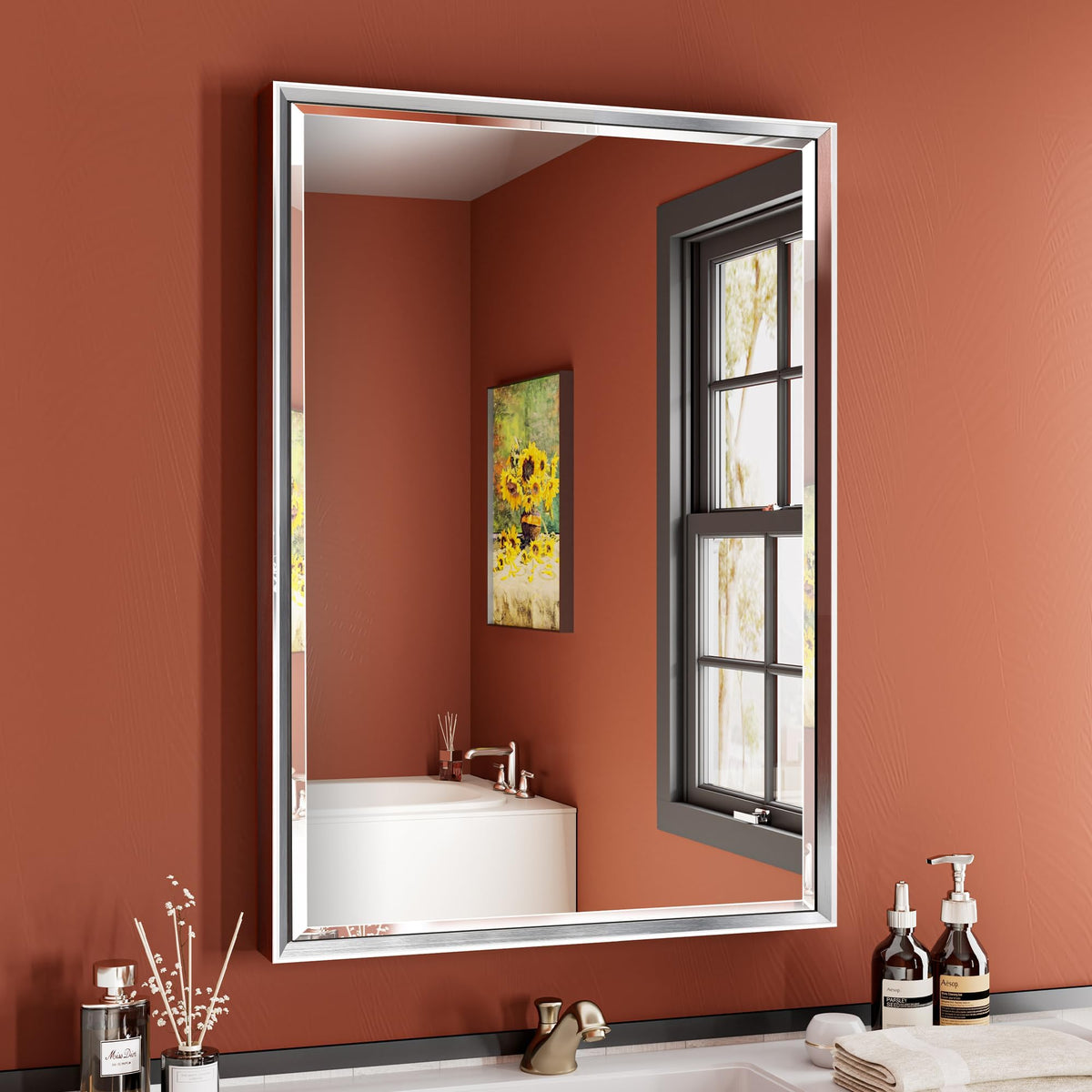 Brushed Nickel Bathroom Mirror, 24x32 Inch Beveled Framed Bathroom Mirror Anti-Rust, Brushed Nickel Metal Frame Bathroom Vanity Mirror for Wall, Vertical/Horizontal Wall-Mounted Mirrors