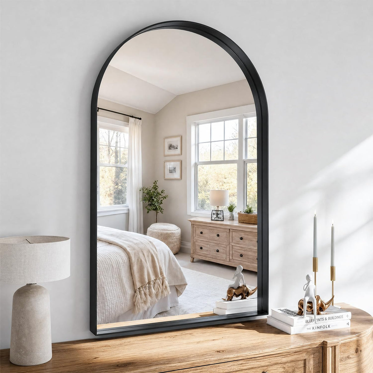 36"x24" Black Arched Mirror, Arched Wall Mirror with Metal Frame, Wall Mounted Large Arched Mirror for Living Room, Restroom, Entryway, Tempered Glass, Modern Home Decor