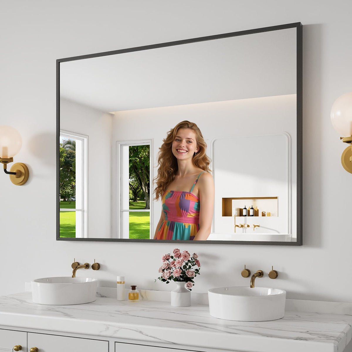 Bathroom Mirror 30"x50" Matte Black Rectangle Bathroom Wall Mirror for Over Sink, Modern Large Vanity Mirror, HD Tempered Glass, Anti-Rust Aluminum Alloy Frame, for Living Room, Bedroom, Entryway
