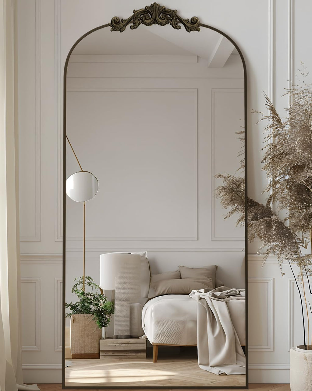 Antok Arched Full Length Mirror, 71"x28" Floor Mirror with Carved, Bronze