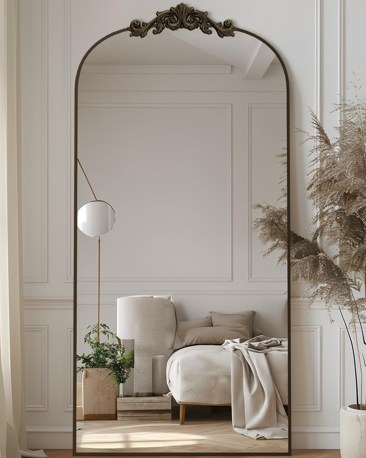 Antok Arched Full Length Mirror, 71"x28" Floor Mirror with Carved, Bronze