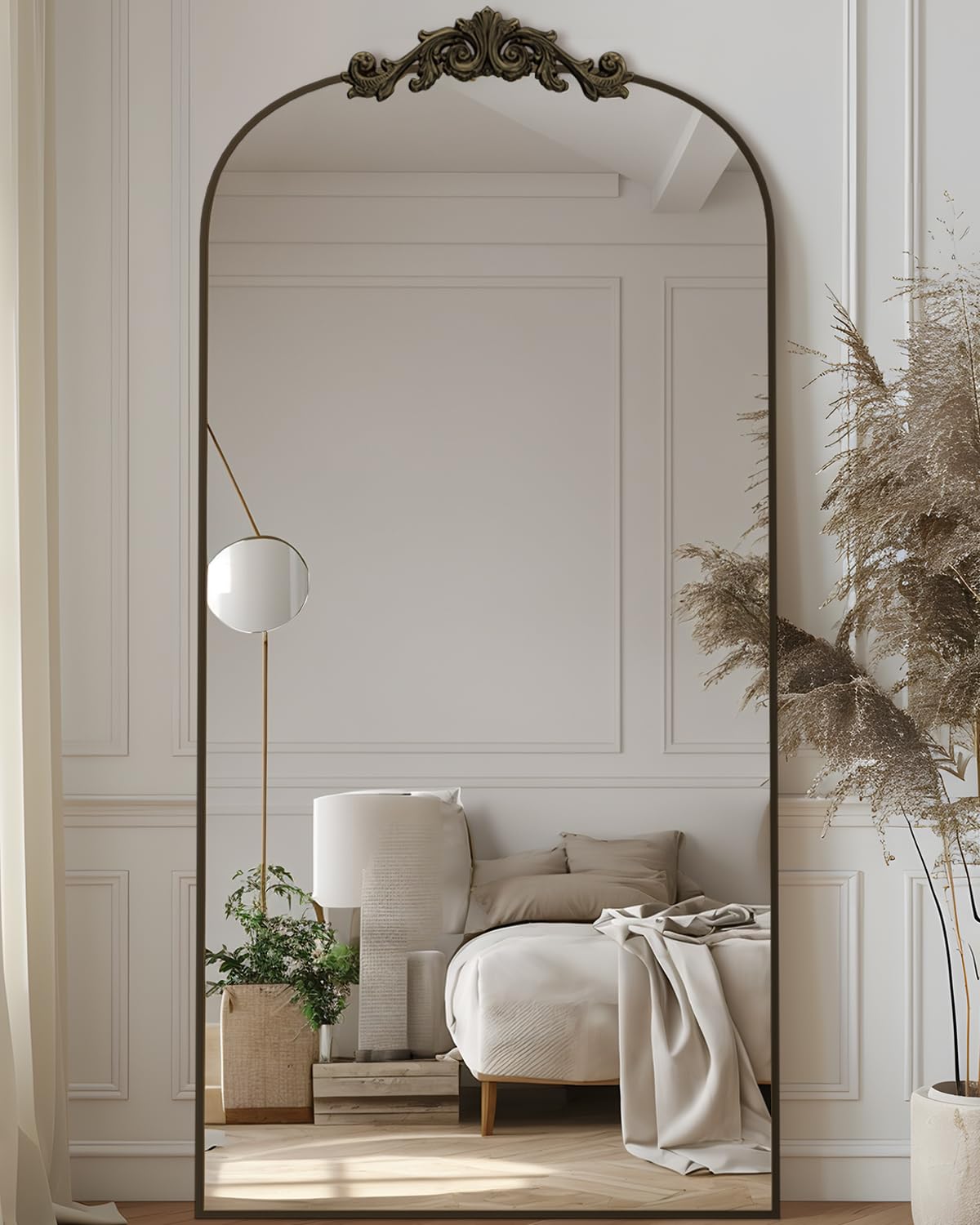 Antok Arched Full Length Mirror, 71"x28" Floor Mirror with Carved, Bronze