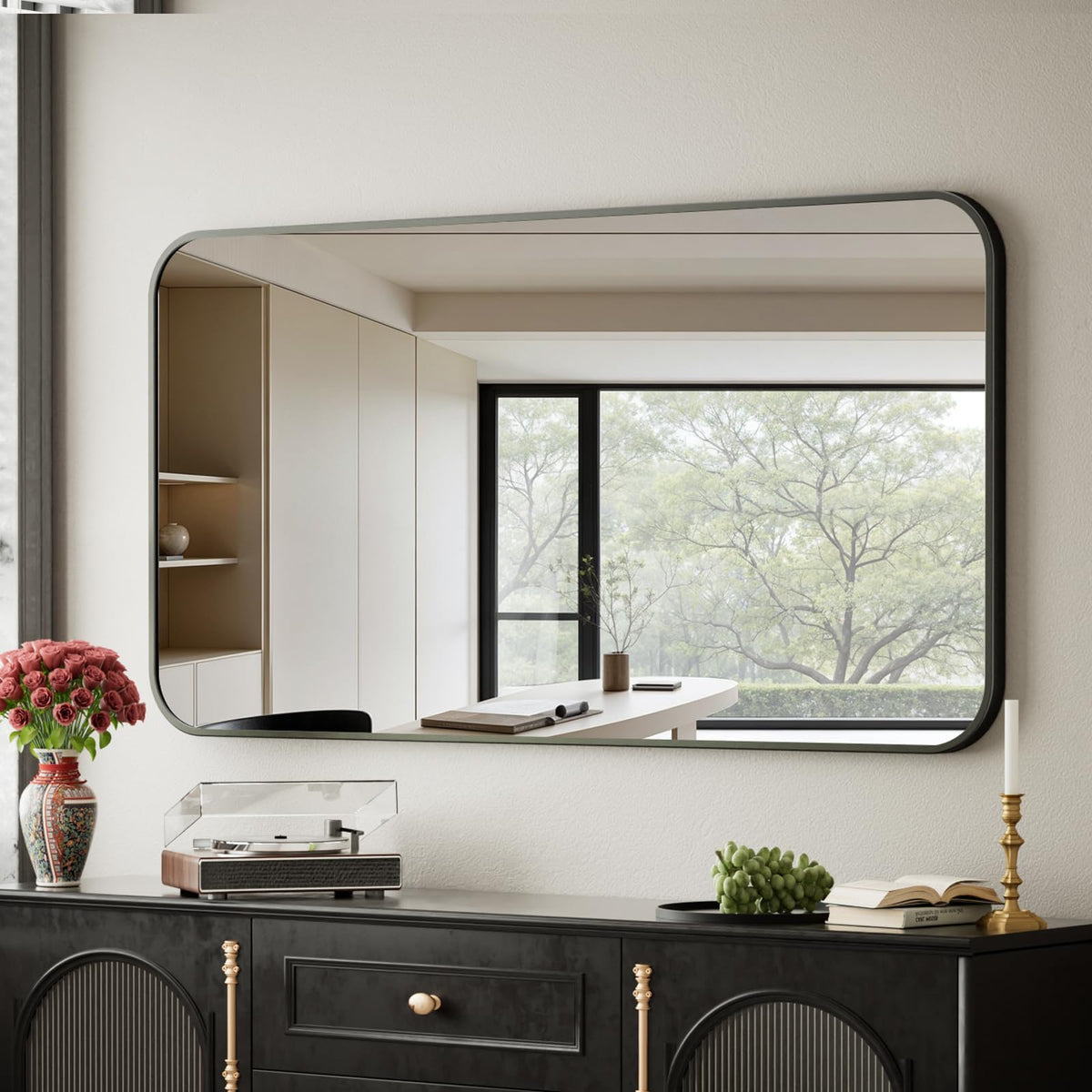 BEAUTYPEAK 24" x 36" Rectangular Aluminum Alloy Frame Wall Mounted Bathroom Mirror with Rounded Corners, Black