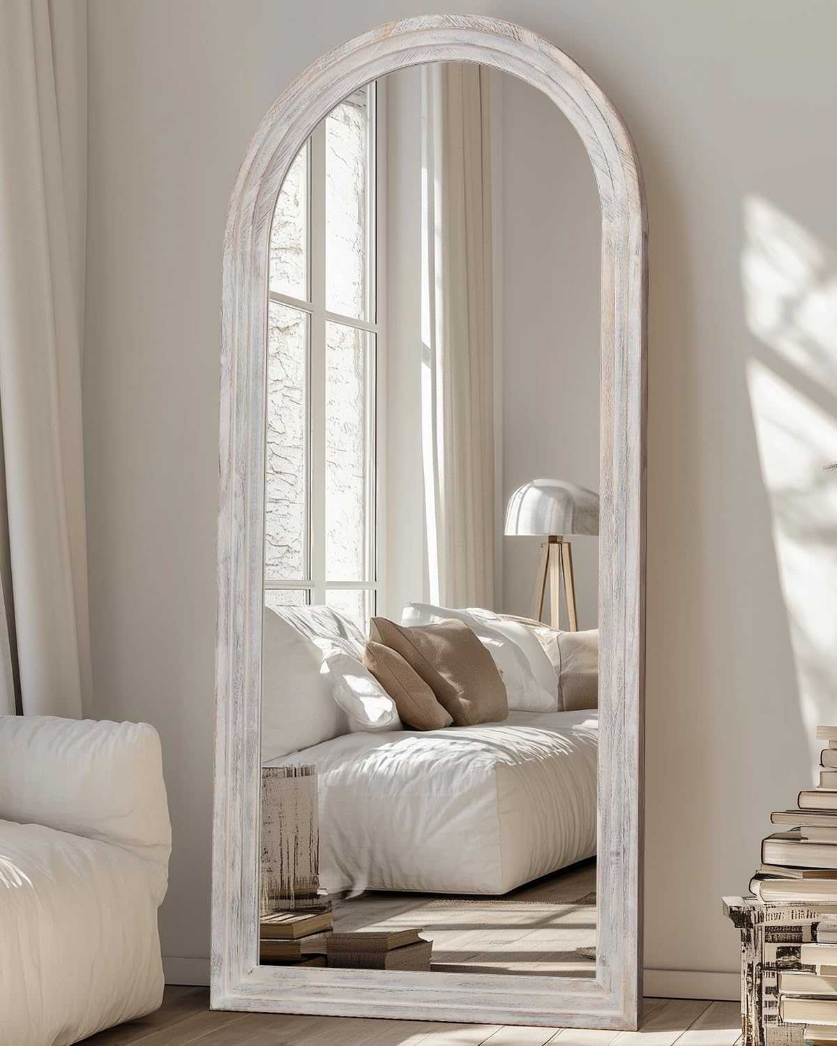 Full Length Mirror 71"x32", Arched Solid Wood Frame with Stand