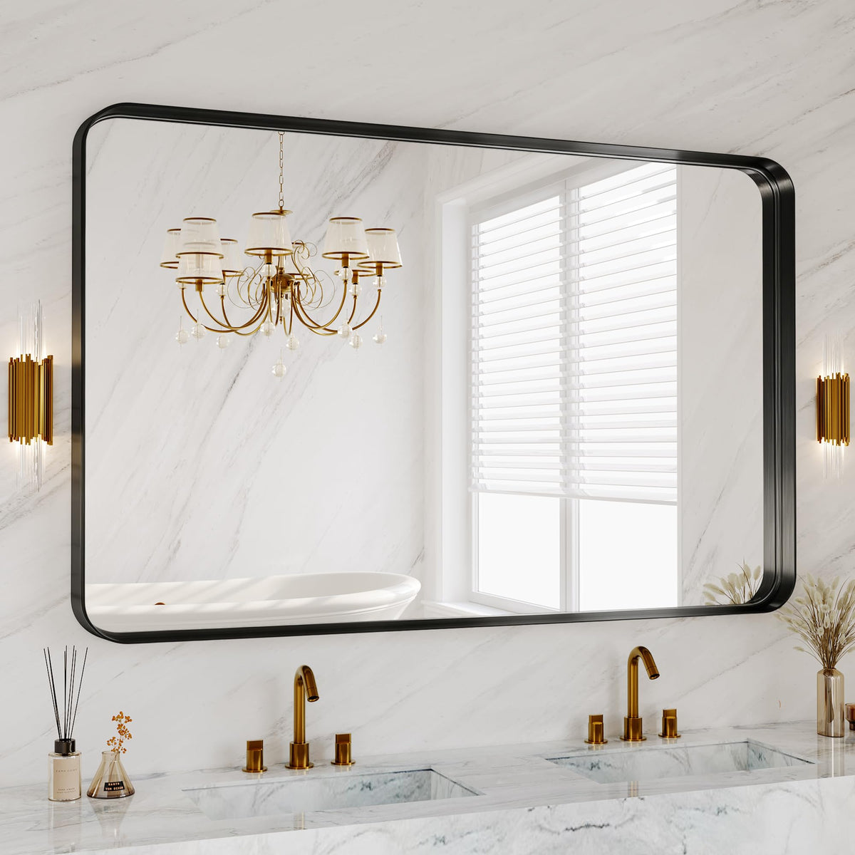 30x36 Inch Black Metal Framed Bathroom Mirror for Wall, HD Tempered Glass