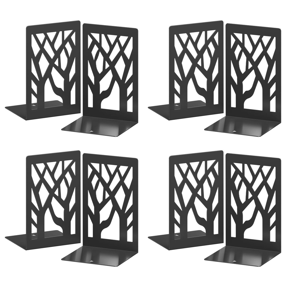 VFINE 4-Piece Modern Metal Bookends for Shelves, Black Tree Book Ends for Books, Decorative Book Organizer for Desk, Non-Skid Shelve Bookends for Home Office