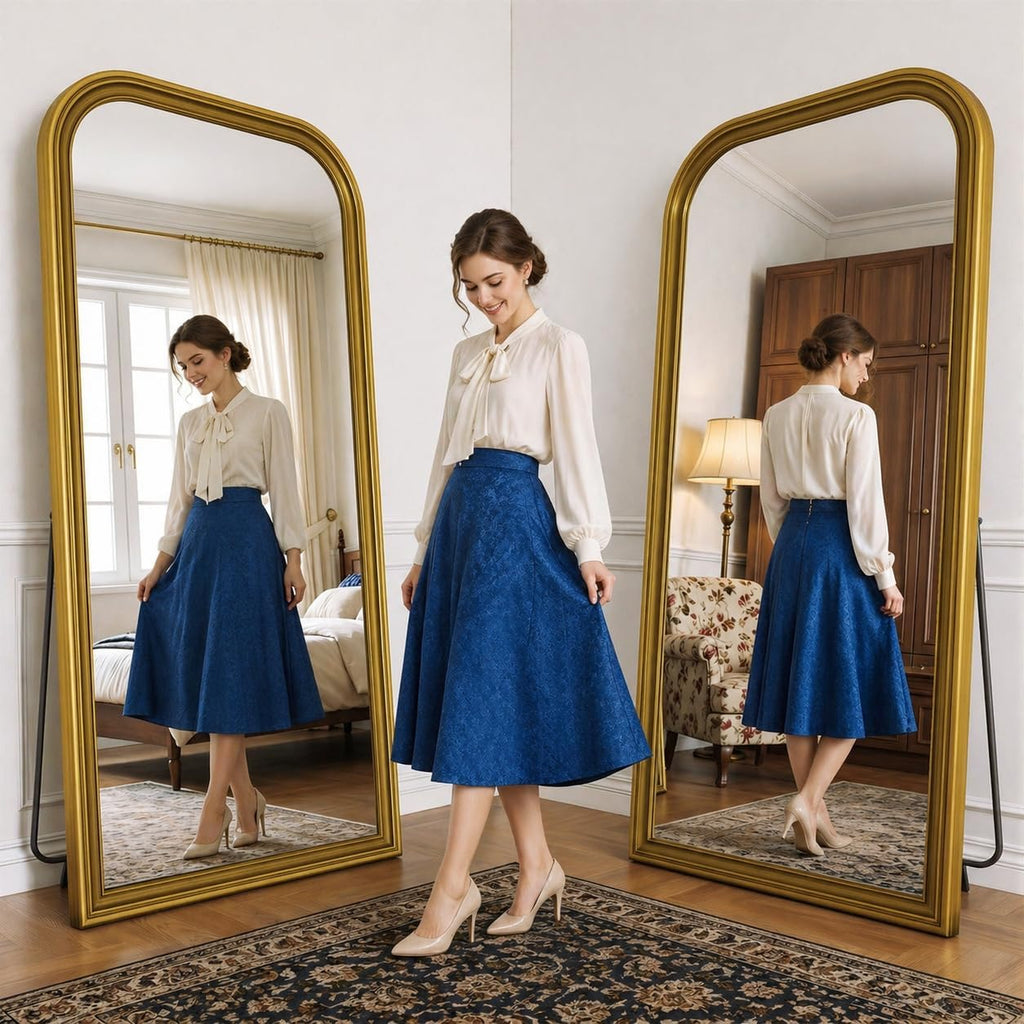 71"x32" Full Length Mirror with Stand, Arched PU Frame