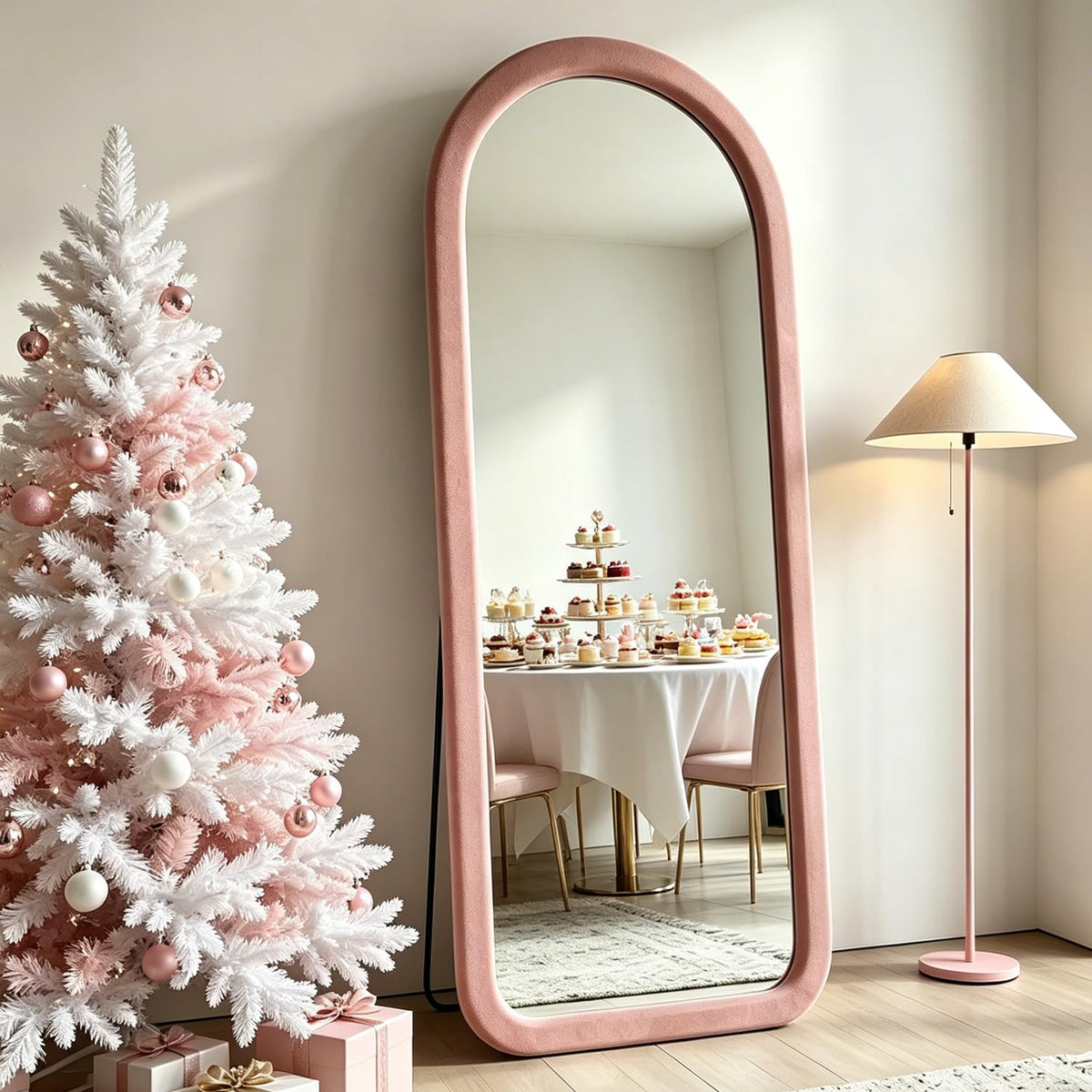 Full Length Mirror 56"x20" Arch Floor Mirror with Stand Arched Full Body Mirror Standing Hanging or Leaning Against Wall for Bedroom Flannel Wrapped Wooden Frame Purple