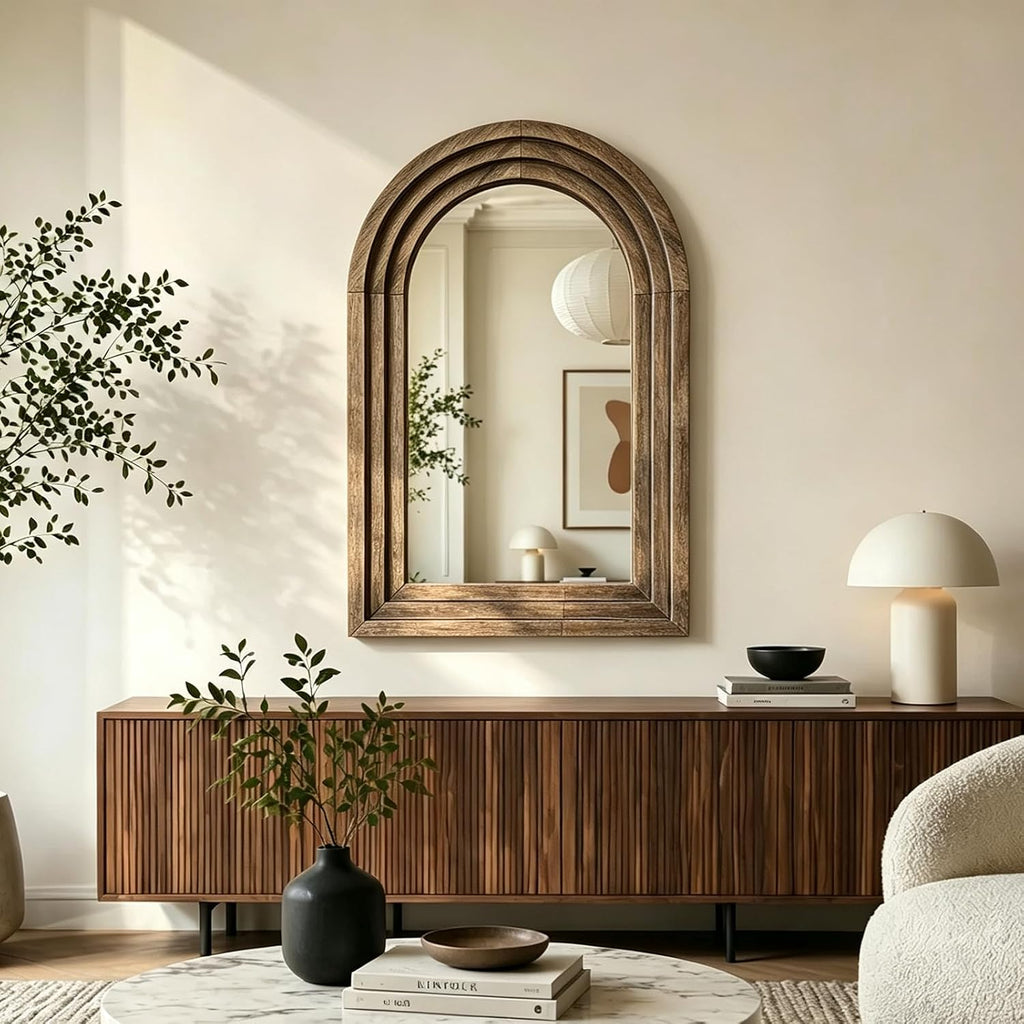 OUZUGIE Squared Arch Bathroom Mirror, Wood Frame, 24 x 36 in, Light Walnut