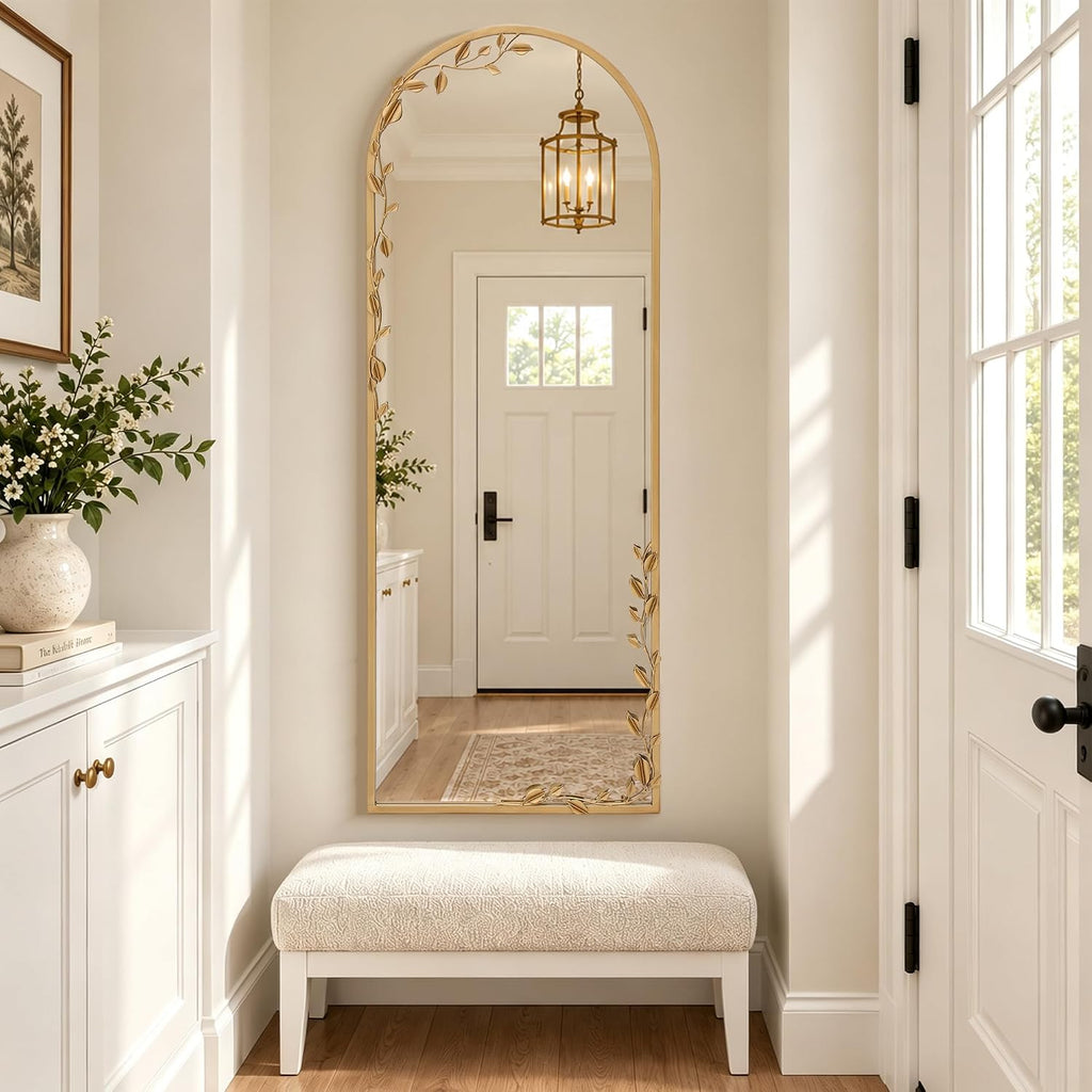 Besdomus Arched Full Length Mirror: 21"x56" Ornate Brass Gold Floor Mirror