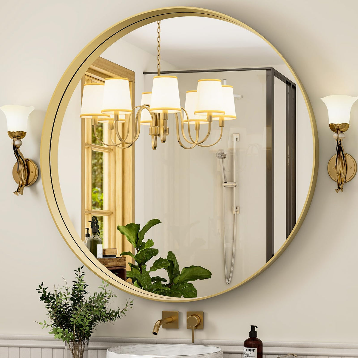 42 Inch Round Bathroom Mirror - Black Wall Mounted Circle Mirror with Metal Frame, Modern Round Hanging Mirror Suitable for Bathroom, Vanity, Entryway, Living Room