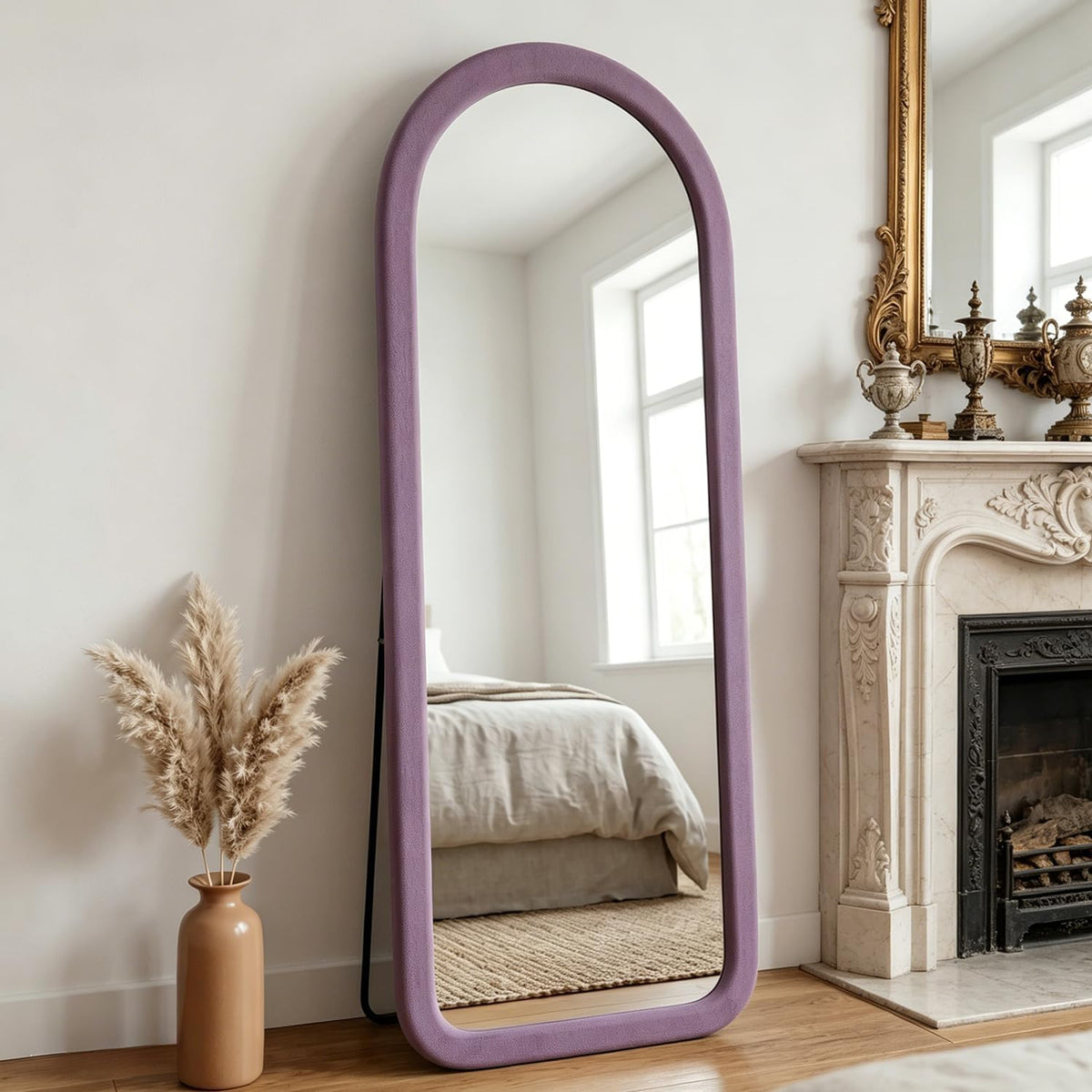 Full Length Mirror 56"x20" Arch Floor Mirror with Stand Arched Full Body Mirror Standing Hanging or Leaning Against Wall for Bedroom Flannel Wrapped Wooden Frame Purple