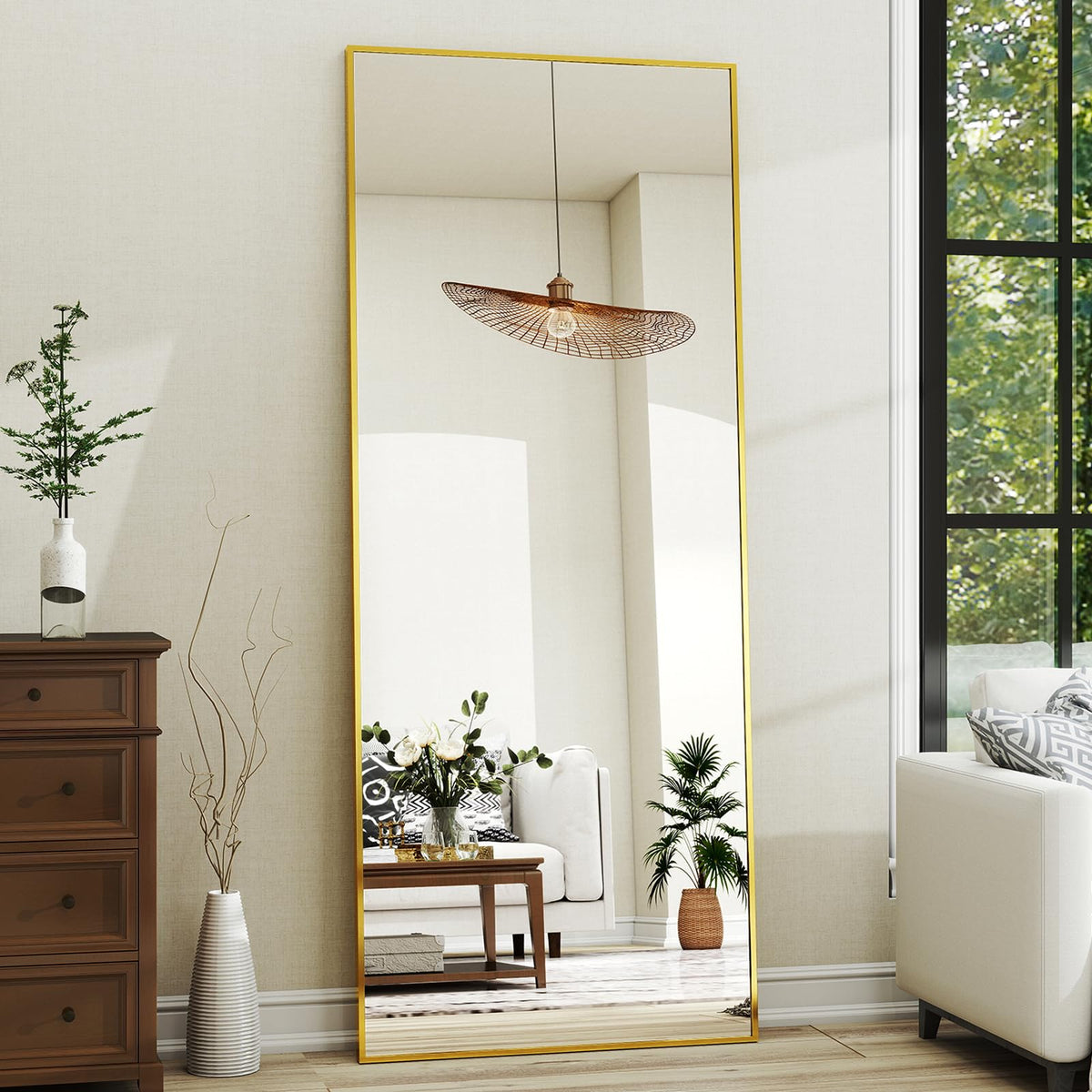 Full Length Mirror 65"X22", Walnut Large Floor Mirror with Solid Wood Frame