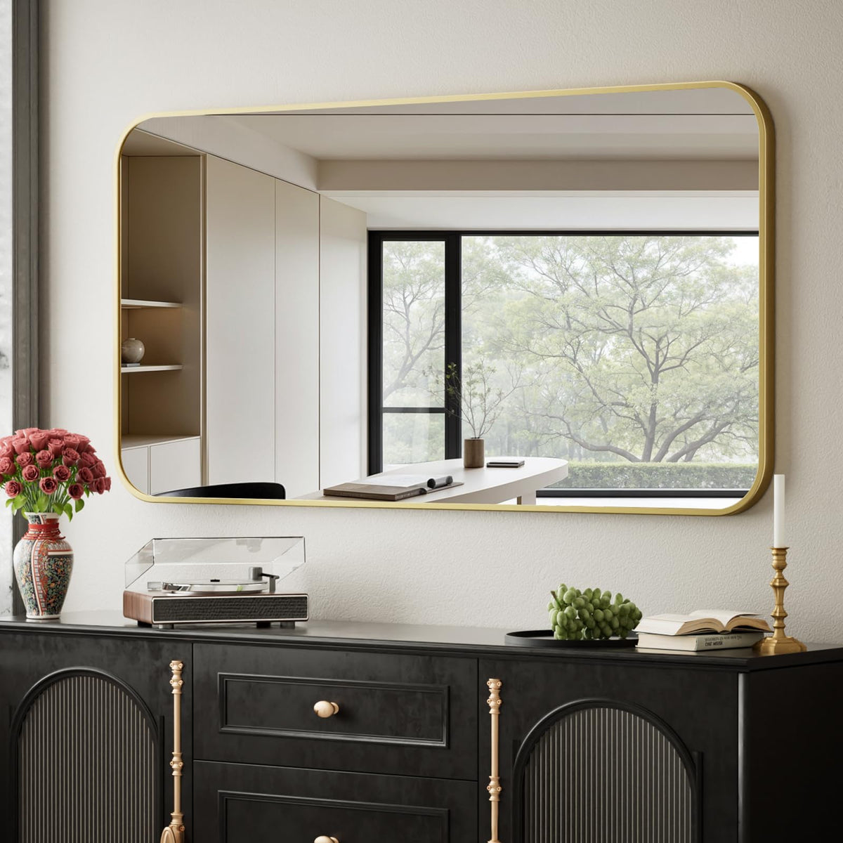 BEAUTYPEAK 24" x 36" Rectangular Aluminum Alloy Frame Wall Mounted Bathroom Mirror with Rounded Corners, Black