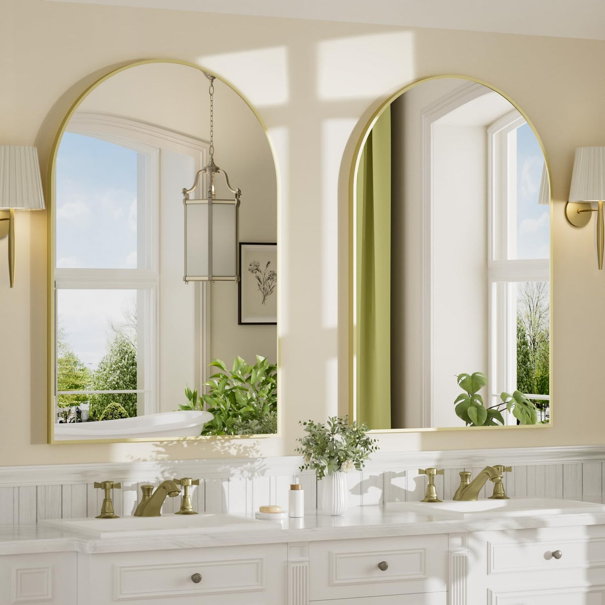 24"x36" Brushed Gold Arched Vanity Bathroom Mirror, Set of 2